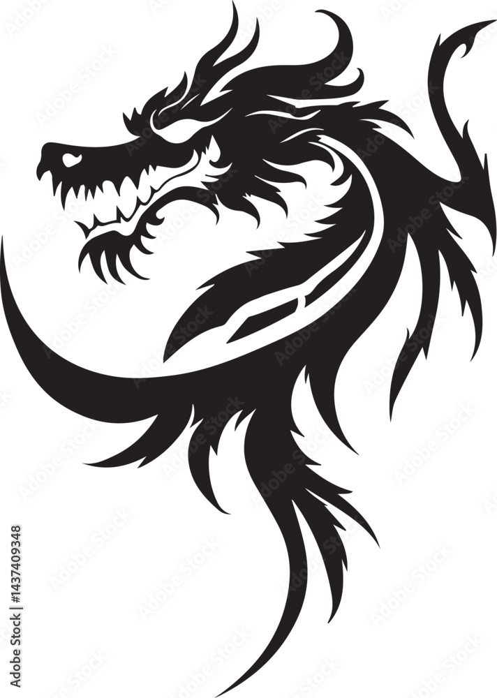 Obraz premium Dragon tattoo design, vector illustration, Dragon logo, black and white illustration of a stylized dragon, transparency background.