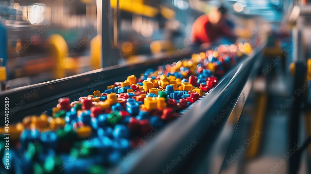 Obraz premium Colorful toy blocks flow along a manufacturing conveyor