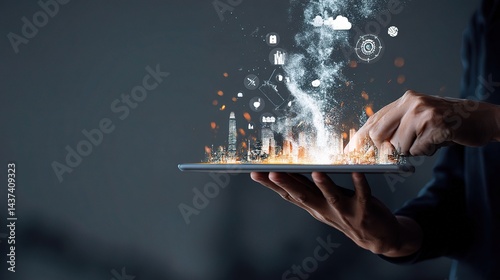 Futuristic Technologist Holding Tablet with Exploding Data Visuals