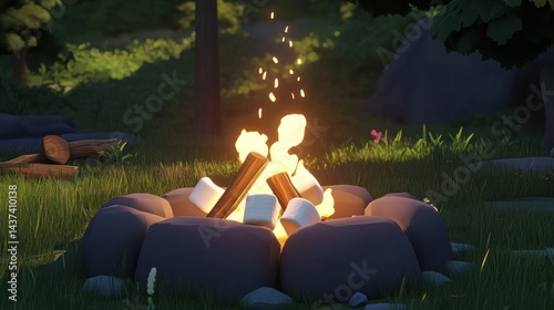 Cozy campfire scene in a forest at dusk.  Marshmallows roasting over a crackling fire