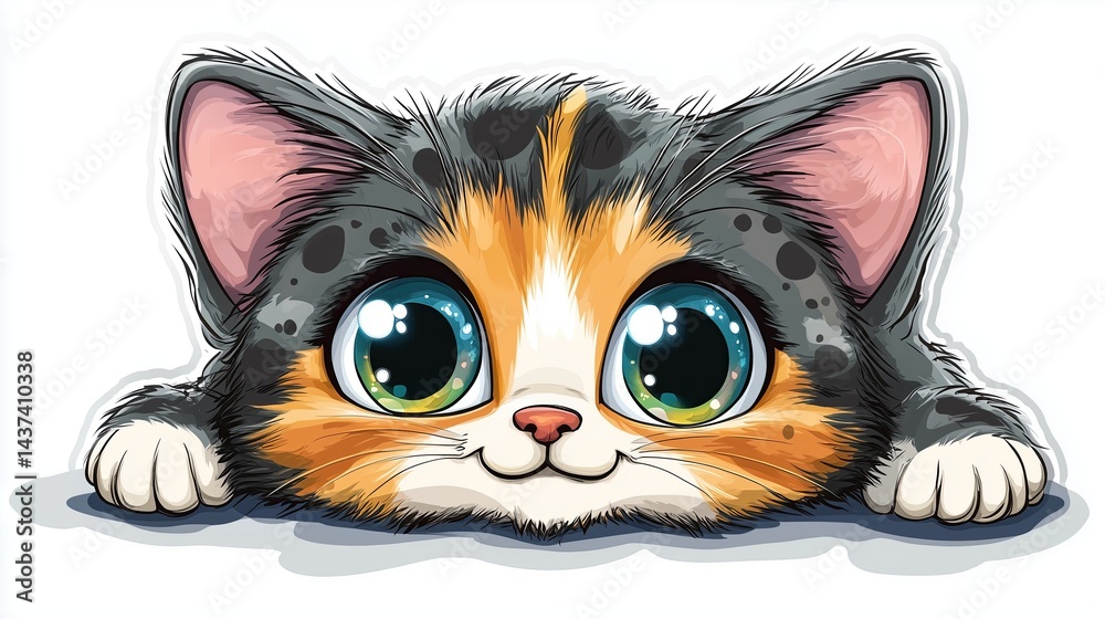 Fototapeta premium Cute Cartoon Kitten with Big Sparkling Eyes and Playful Expression