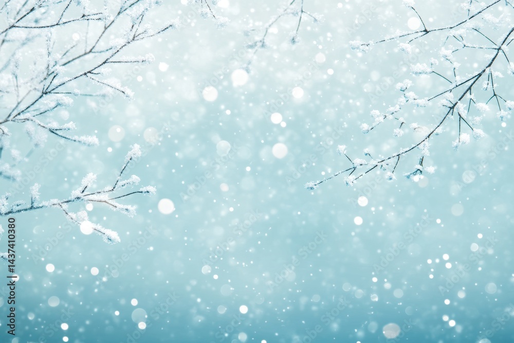 Winter scene with frosted branches and falling snow. Soft pastel colors create a serene winter wonderland Winter scene with frosted branches and falling snow. Soft pastel colors create a serene winter wonderland