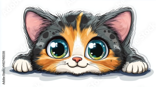 Cute Cartoon Kitten with Big Sparkling Eyes and Playful Expression