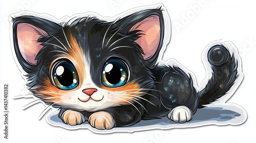 Cute Cartoon Kitten with Big Sparkling Eyes and Playful Expression