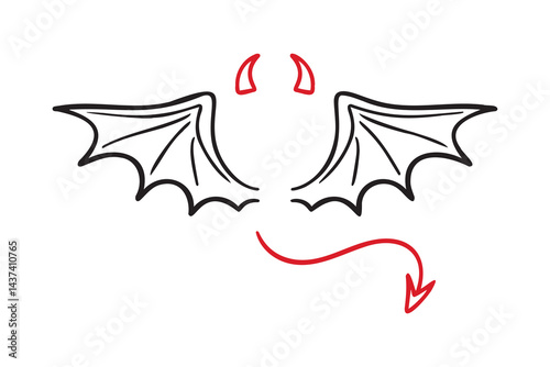 demon wings, sharp tail and horns doodle hand drawn icon set. Outline drawing demon wings, sharp tail and horns line clipart symbol collection