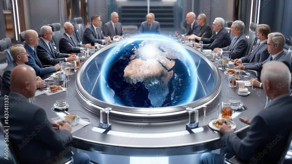 Global Summit of Influence: A powerful tableau of global leaders gathers around a table centered with a glowing Earth hologram, poised to make impactful decisions. A scene that embodies leadership.