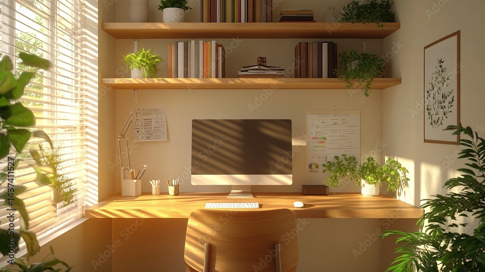 Minimalist modern home office workspace with wooden desk and ergonomic chair, books and green plants on shelves, soft natural shadows and studio lighting in isometric perspective. Minimalist modern home office workspace with wooden desk and ergonomic chair, books and green plants on shelves, soft natural shadows and studio lighting in isometric perspective.