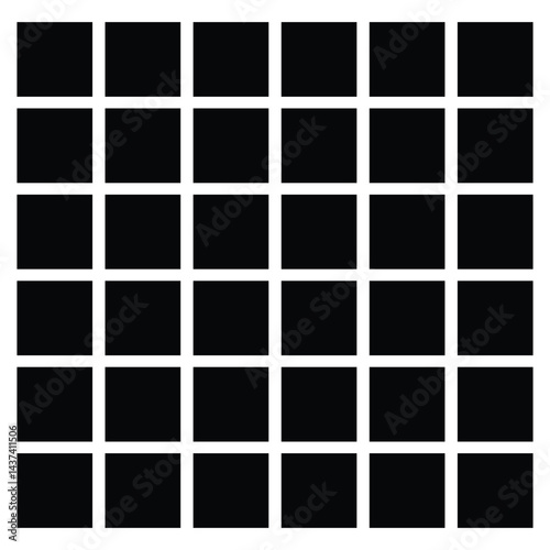 Black fill, no stroke. Square divided in 36 parts, into ninths. 6x6 grid. Isolated  illustration, white background. Asset for overlay, montage, collage, presentation. Business concept. EPS 20 . 