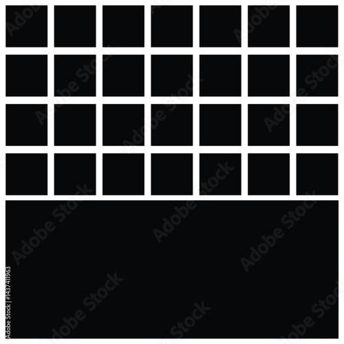 Black fill, no stroke. Square divided in 36 parts, into ninths. 6x6 grid. Isolated  illustration, white background. Asset for overlay, montage, collage, presentation. Business concept. EPS 20 . 