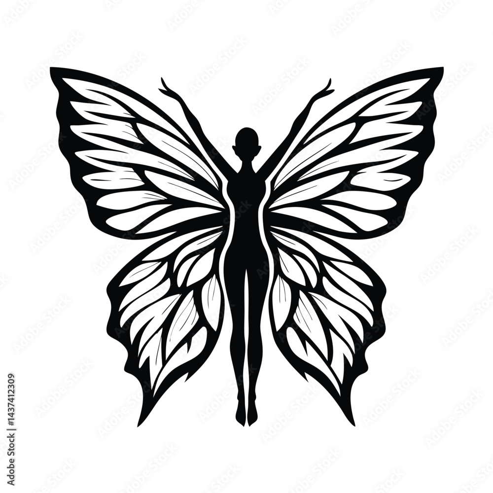 Fototapeta premium Butterfly Woman Silhouette, Black Ink Design, Wings Up, Raised Arms, Abstract, Isolated