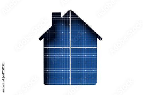 Fototapeta Naklejka Na Ścianę i Meble -  House-shaped silhouette made from blue solar panels representing renewable energy and eco-friendly living on a white background. 3D Rendering