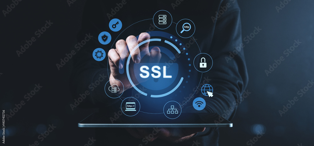 Fototapeta premium SSL security interface with icons on virtual screen over tablet in dark setting.