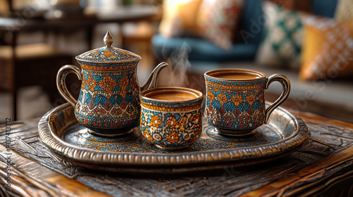 Decorative tea set with steaming cups and teapot on a tray, in a cozy cafe setting.