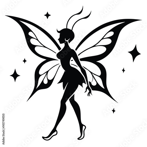 Black Silhouette Fairy with Butterfly Wings and Sparkling Stars on White Background