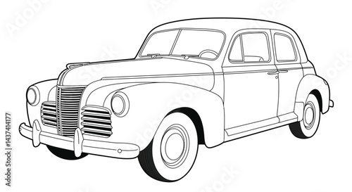 Vintage Nineteen Forties Retro Sedan Outline Illustration for Kids Coloring Page
