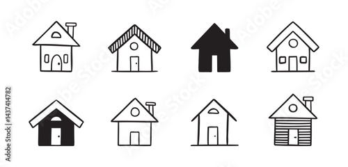 House doodle hand drawn icon set. Outline drawing cute simple homes line clipart symbol collection