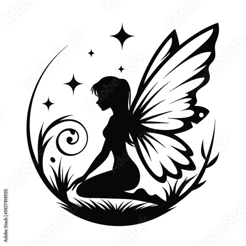 Silhouette of fairy kneeling on grass under stars with wings, black on white, vector