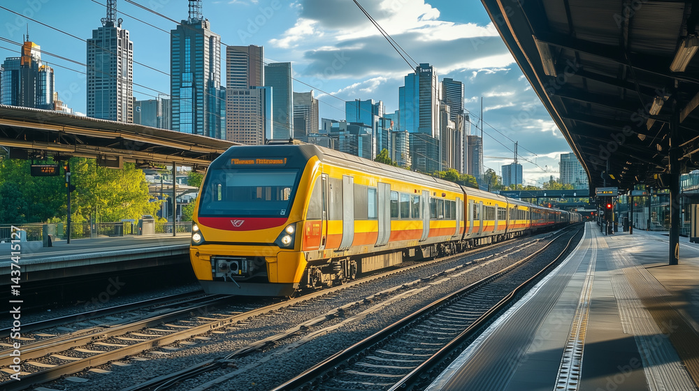 Fototapeta premium Commuter train departing a station at dusk for wallpaper