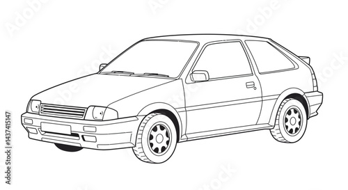 Nineteen Eighties Hatchback Car Outline Illustration for Kids Coloring Fun Activity