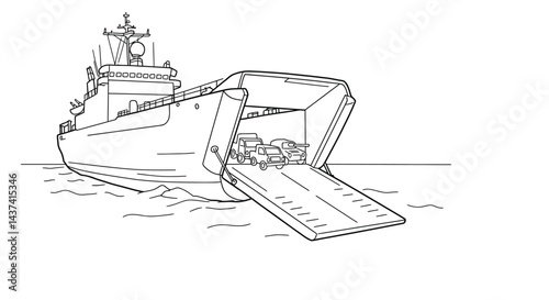 Modern Amphibious Landing Ship Outline for Childrens Military Vessel Coloring Fun
