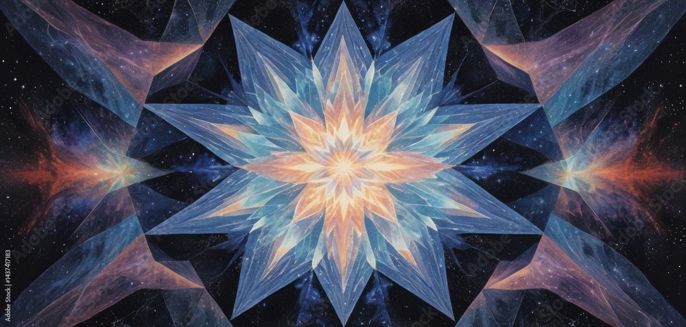 Naklejka premium A bright, luminous star at the center, radiating light, surrounded by a multitude of smaller twinkling stars against a deep, dark cosmic backdrop.