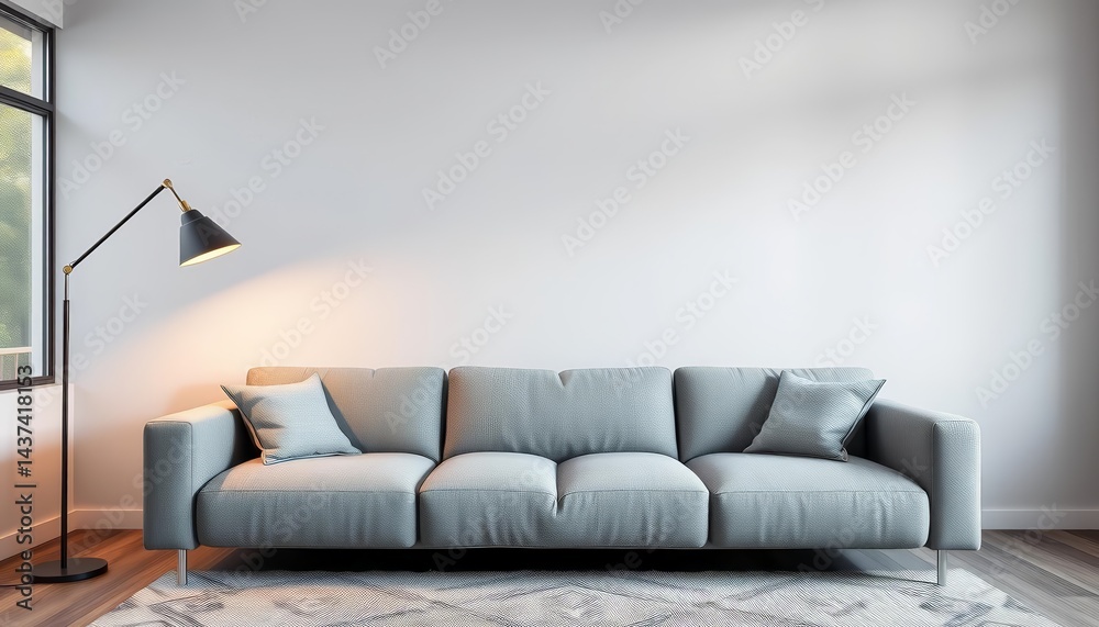 Fototapeta premium Sleek grey sofa, modern floor lamp, stylish living room, grey, grey sofa