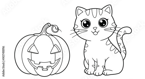 Outline Cat with Halloween Pumpkin Kids Coloring Page