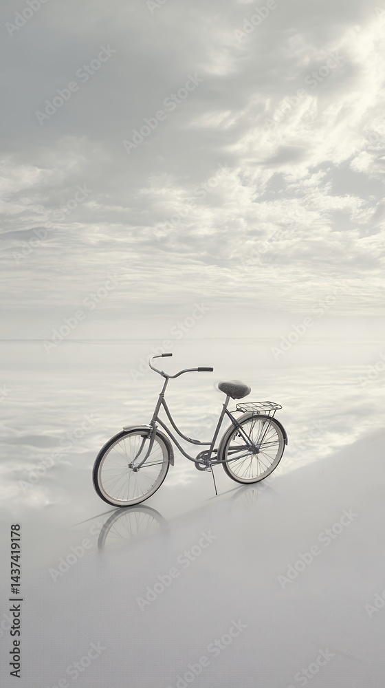 Fototapeta premium Solitary bicycle echoes serenity against the ethereal backdrop of clouded sky and reflective plane