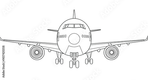 Large Passenger Airliner Simplified Front View Outline Cockpit Engines Line Art