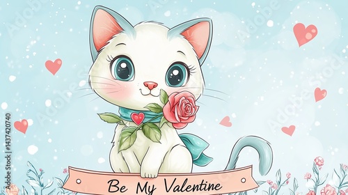 Cute Cartoon Kitten with Big Sparkling Eyes and Playful Expression