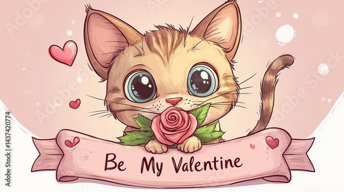 Cute Cartoon Kitten with Big Sparkling Eyes and Playful Expression