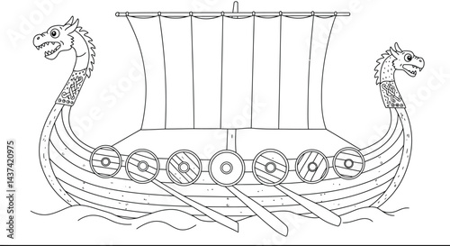 Historical Viking Longship Outline Dragon Head Norse Vessel Line Art Drawing