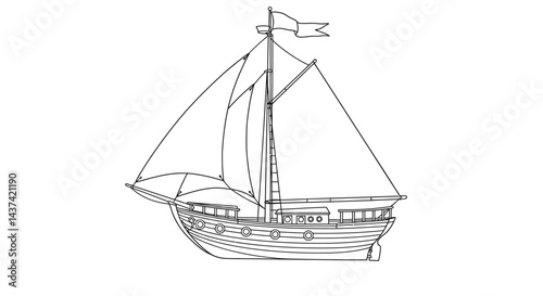 Child Friendly Simple Wooden Sailboat Outline Tall Mast Nautical Line Art