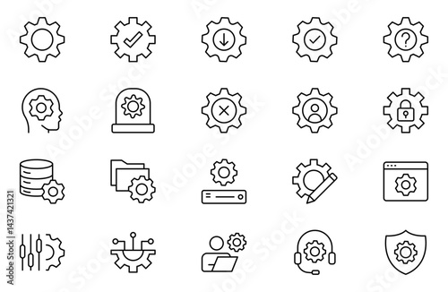 Setting and setup line icon set. app and website settings icon set. options, configuration, preferences, adjustments, tools, gear, control panel, management, and productivity icons.