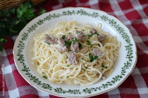 Creamy pasta dish with meat photo