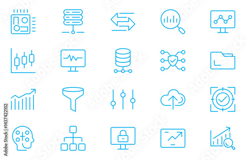 Data analytics web icons set . Pack of database, big data process, ai, monitoring, traffic, hosting service, optimization, backup, chart and other. Vector outline stroke icon design
