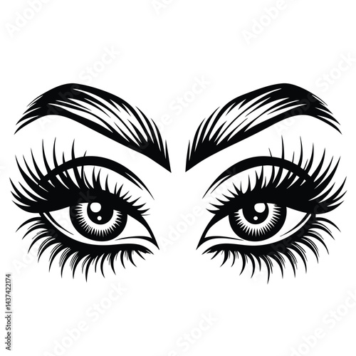 Detailed Eye with Lashes and Brows, Black and White, Stylized Design