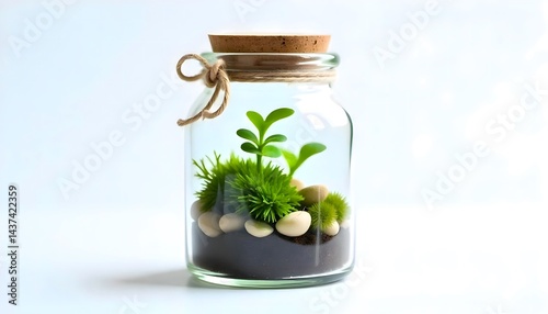 Miniature Terrarium in Glass Jar, Cork Lid, Twine Accent, Indoor Green Decor, Self-Contained Ecosystem photo
