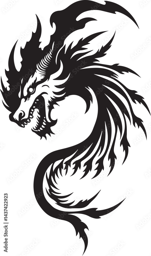 Dragon tattoo design, vector illustration, Dragon logo, black and white illustration of a stylized dragon, transparency background. Dragon tattoo design, vector illustration, Dragon logo, black and white illustration of a stylized dragon, transparency background.