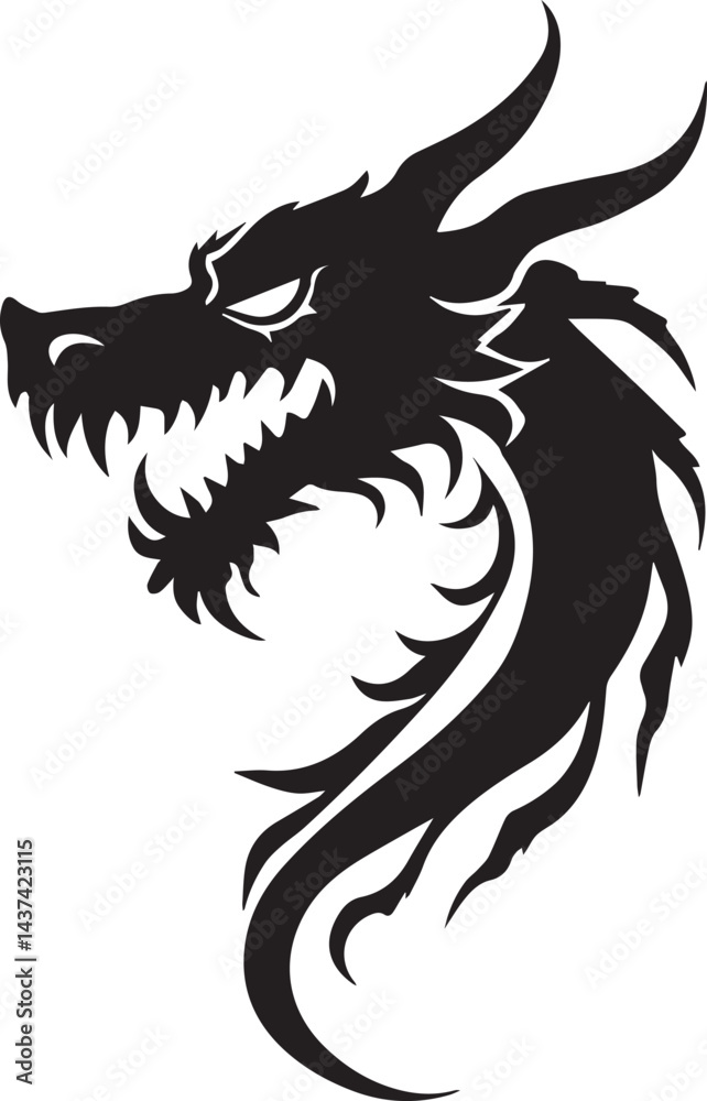 Fototapeta premium Dragon tattoo design, vector illustration, Dragon logo, black and white illustration of a stylized dragon, transparency background.