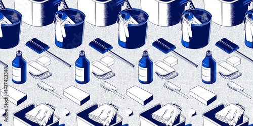Navy Blue Line Art of Cleaning Tools on Structured White Background