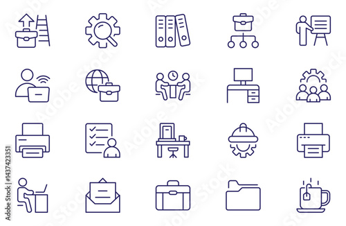 Workplace web icons in line style. Employee, conference, project, document, business, work, support, contact us, productivity strategy, collection. Vector illustration.