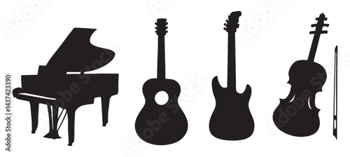 Silhouettes of Electric Guitars, Stylized Guitar Designs , Musical Instrument Graphics