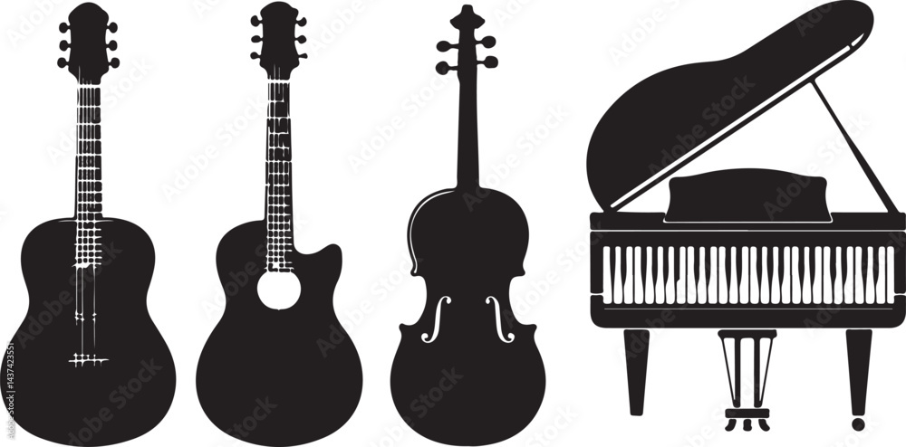 Fototapeta premium Silhouettes of Electric Guitars, Stylized Guitar Designs , Musical Instrument Graphics