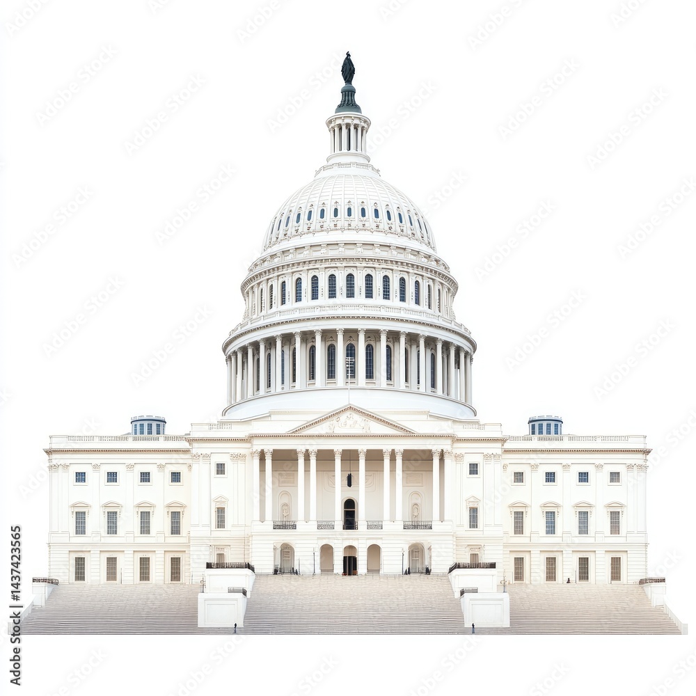 The US Capitol Building at dusk, against a white background, The US Capitol Building at dusk, against a white background,