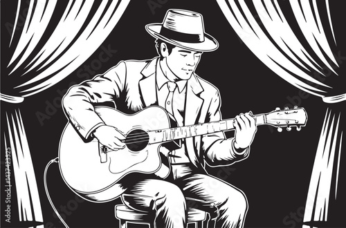 Jazz Performer with Guitar silhouette , Stylized Musician Illustration, Classic Acoustic Performance