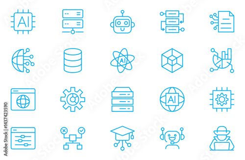 Artificial intelligence icons set. Featuring machine learning, neural networks, robotics, automation, and technology symbols and more Use. High quality vector illustration.