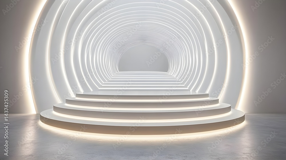Naklejka premium Modern Circular Technology-Themed Studio with Clean White Design