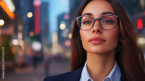 Confident Professional Woman in the City: A poised, stylish woman confidently navigates the bustling city streets, radiating an air of intelligence and urban elegance.