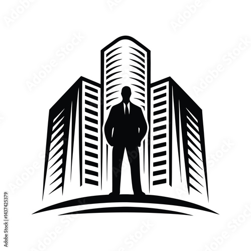Confident Businessman Silhouette Stands Before Skyscraper Buildings Isolated Design